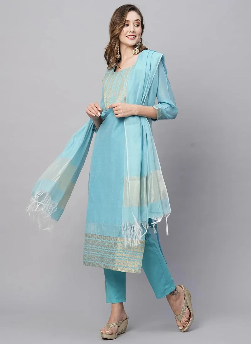 GoSriKi  GoSriKi Women's Organza Straight Solid Kurta with Pant & Dupatta (LAHAR-FIROZI-GS_S_Sky Blue_Small) for Women | Best Price UAE